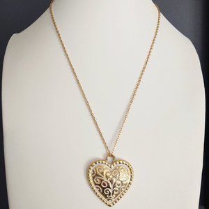 Large gold heart with white accents pendant necklace